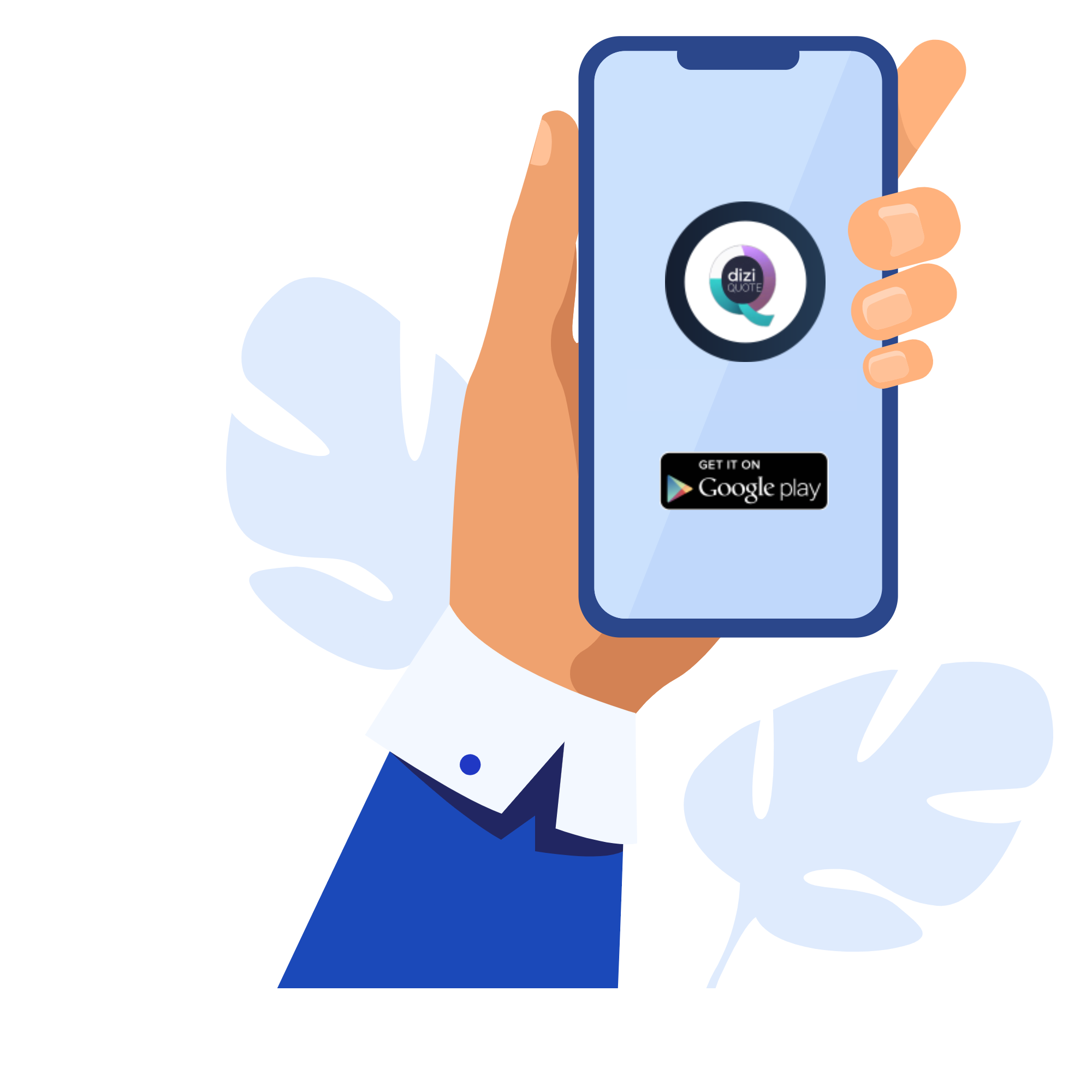  Mobile in human hand with screen showing DiziQuote App to download from play store